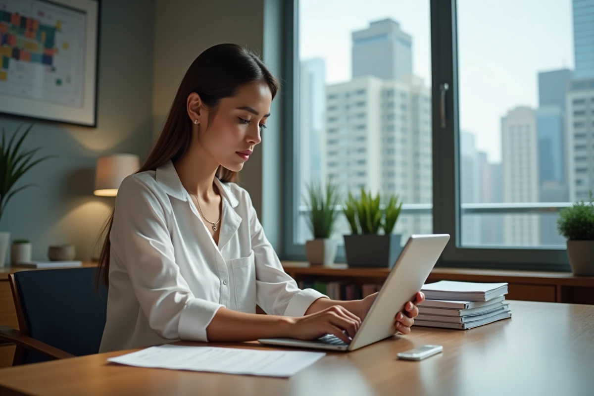 Femme d'âge moyen utilisant une tablette au bureau