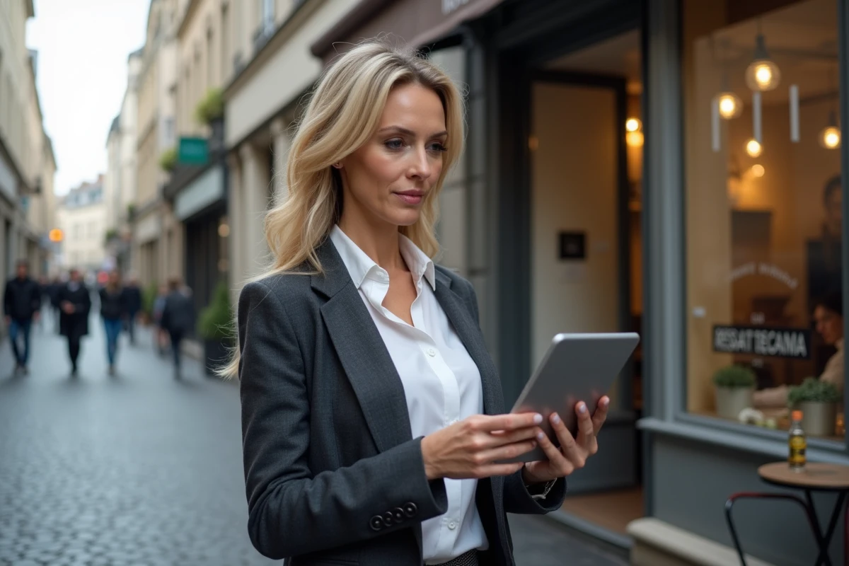 Femme professionnelle utilisant une tablette dans une rue de Rennes