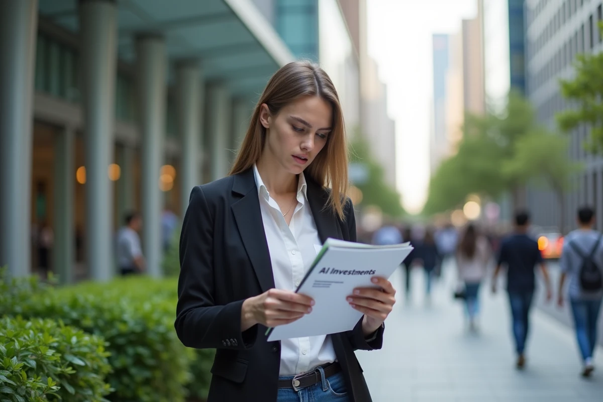 Jeune femme en ext&eacute;rieur regardant un rapport sur l