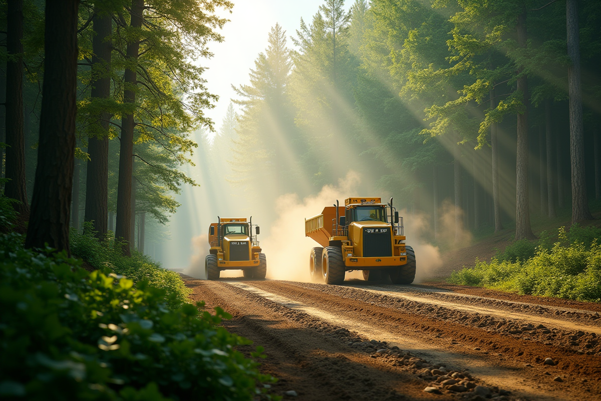 Forêt verdoyante en cours de défrichement par des machines