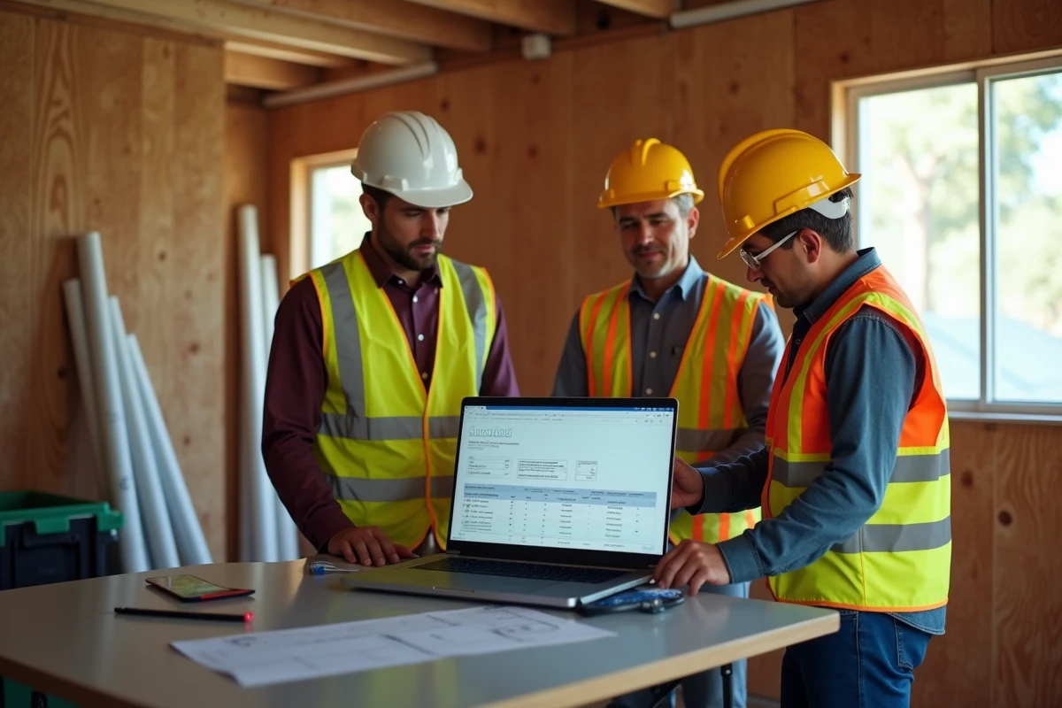 Équipe BTP en formation sur le logiciel de devis BTP-Chantier.fr dans une base de vie de chantier
