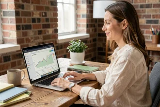 Freelance consultante analysant ses statistiques SEO sur un ordinateur portable dans un bureau à domicile chaleureux