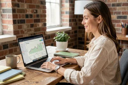 Freelance consultante analysant ses statistiques SEO sur un ordinateur portable dans un bureau à domicile chaleureux