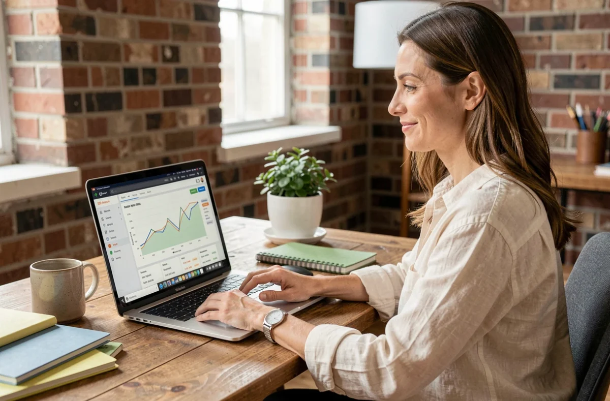 Freelance consultante analysant ses statistiques SEO sur un ordinateur portable dans un bureau à domicile chaleureux