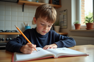 Jeune garçon concentré résolvant un problème de multiplication