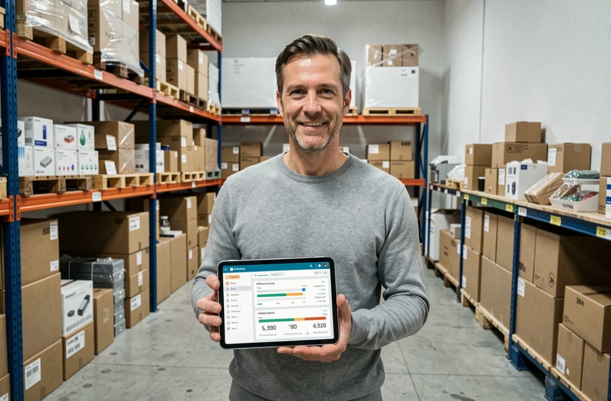 Gérant d'une boutique en ligne consultant son tableau de bord d'affiliation sur tablette dans un entrepôt de e-commerce