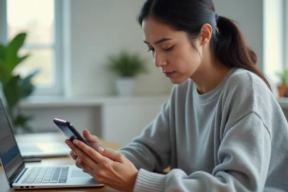 Femme gérant son compte sur une application mobile depuis son bureau à domicile