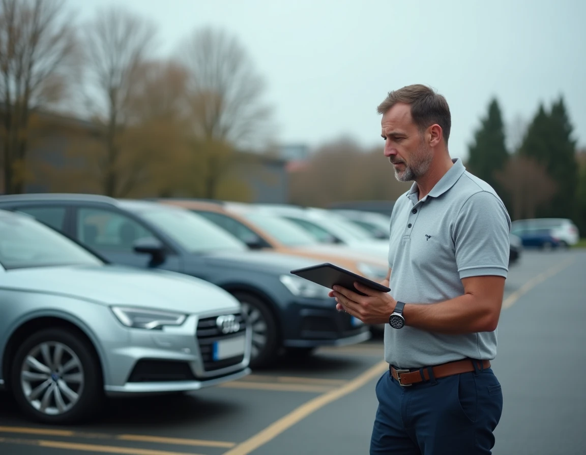Gestionnaire de flotte automobile évaluant l'avantage en nature véhicule d'entreprise sur tablette