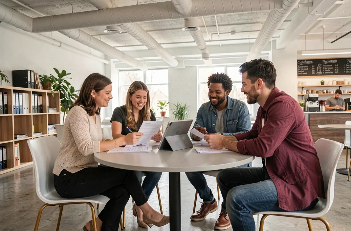 Groupe de professionnels en réunion informelle autour d'une table ronde dans la zone collaborative d'un espace de coworking