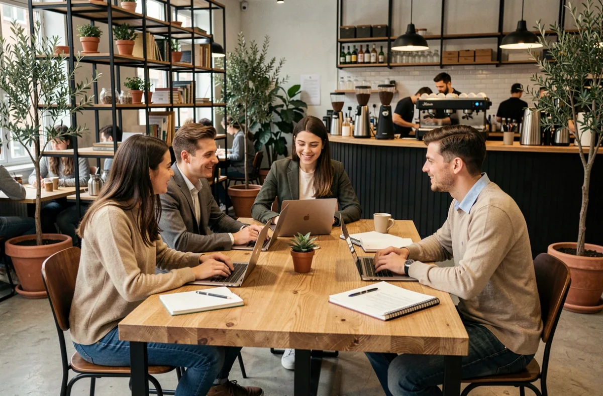 Groupe de jeunes professionnels en réunion informelle dans un espace de coworking café moderne à Perpignan