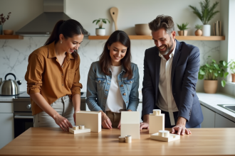 Groupe d'adultes examinant des produits ménagers dans une cuisine moderne