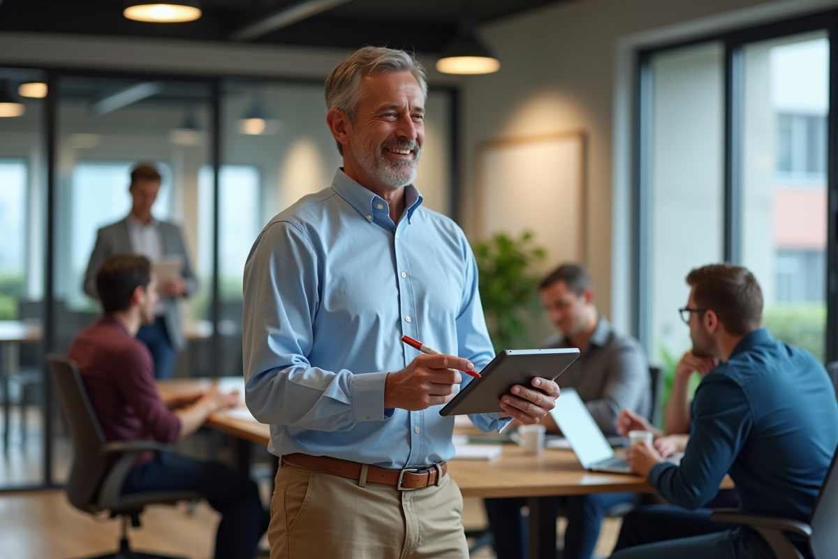 Groupe de collègues en discussion dans un espace de travail professionnel