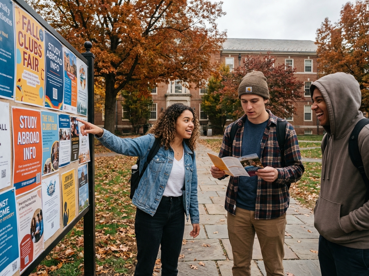 Groupe d etudiants discutant devant panneau d affiches
