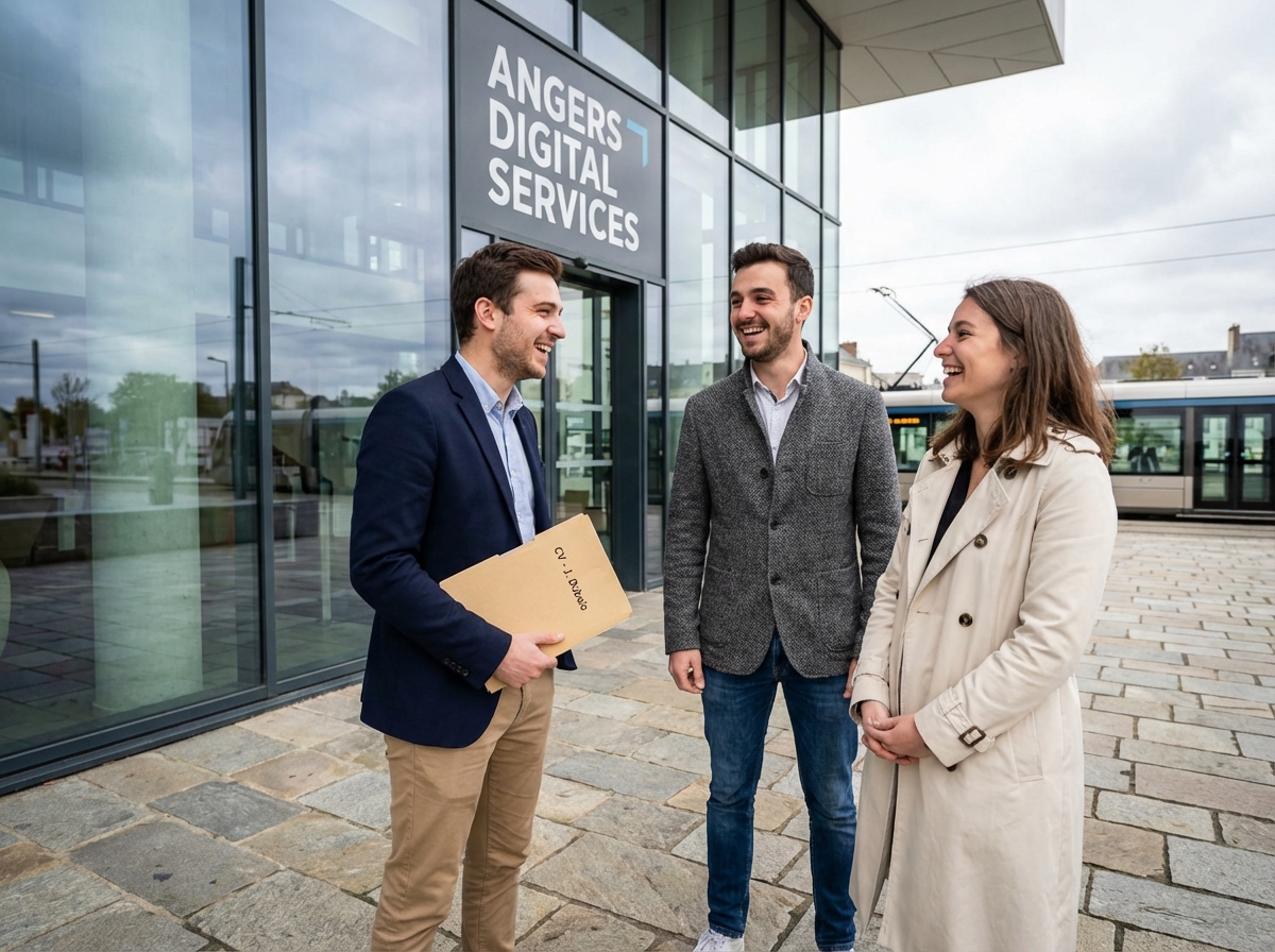 Groupe de jeunes professionnels discutant devant un b&acirc;timent moderne