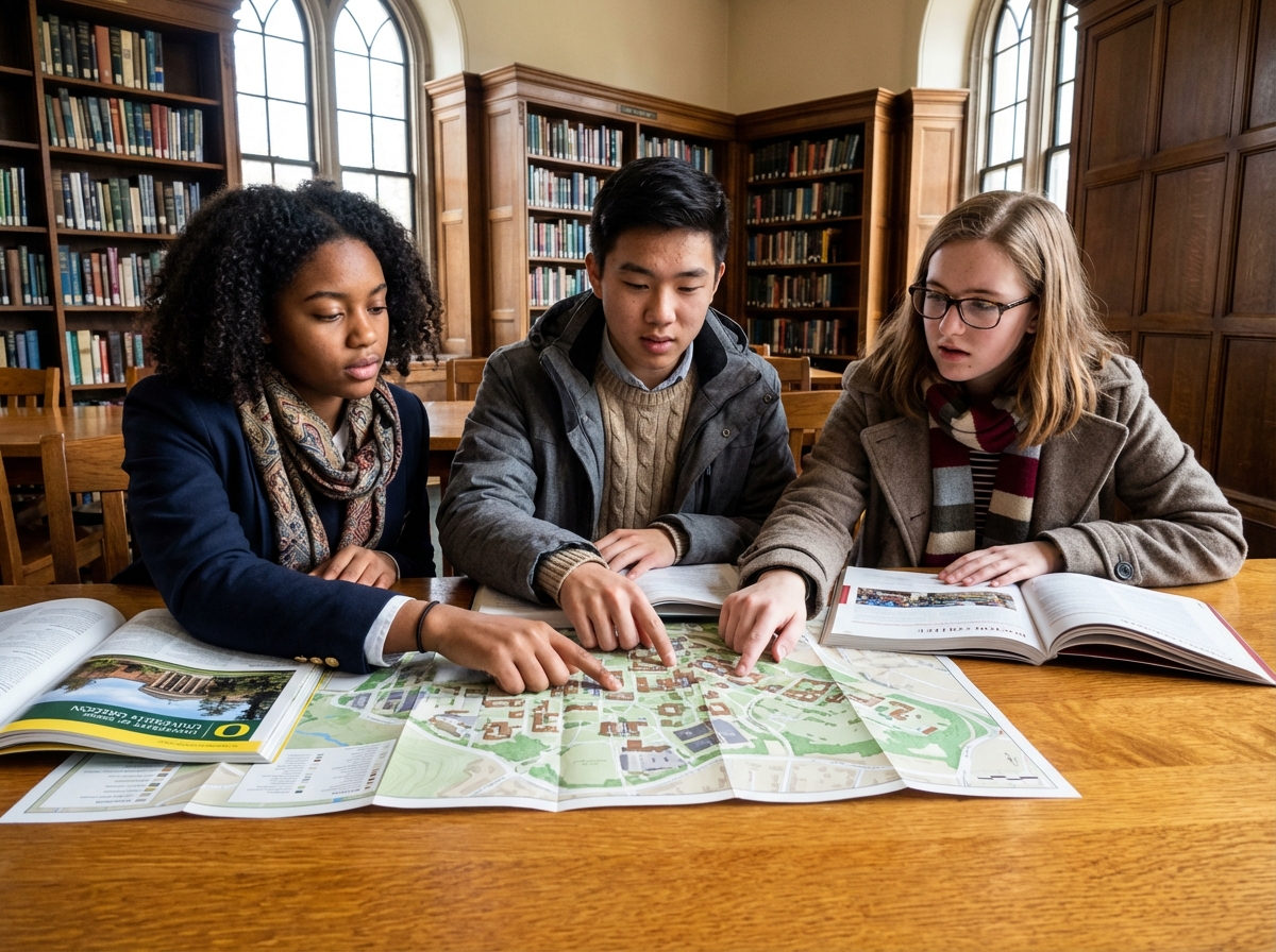 Groupe de lyceens discute autour d une carte en biblioth&egrave;que