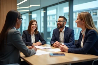 Quatre professionnels en réunion dans un bureau moderne