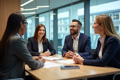 Quatre professionnels en réunion dans un bureau moderne