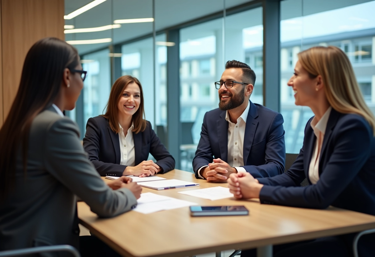 Groupe de professionnels collaborant autour d'une table moderne avec appareils Apple