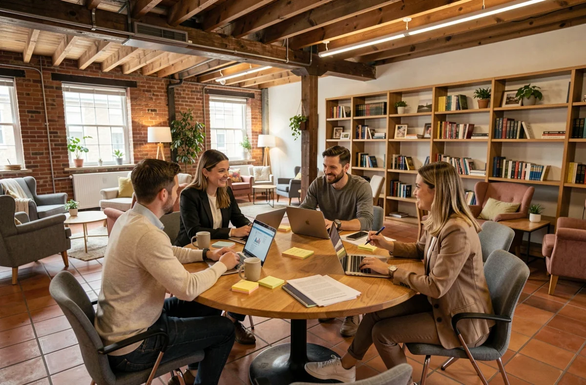 Groupe de professionnels en réunion informelle dans un espace de coworking au design industriel au Mans