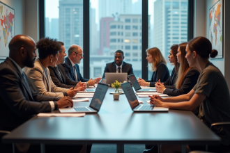 Groupe de professionnels discutant autour d'une table avec icônes SDG
