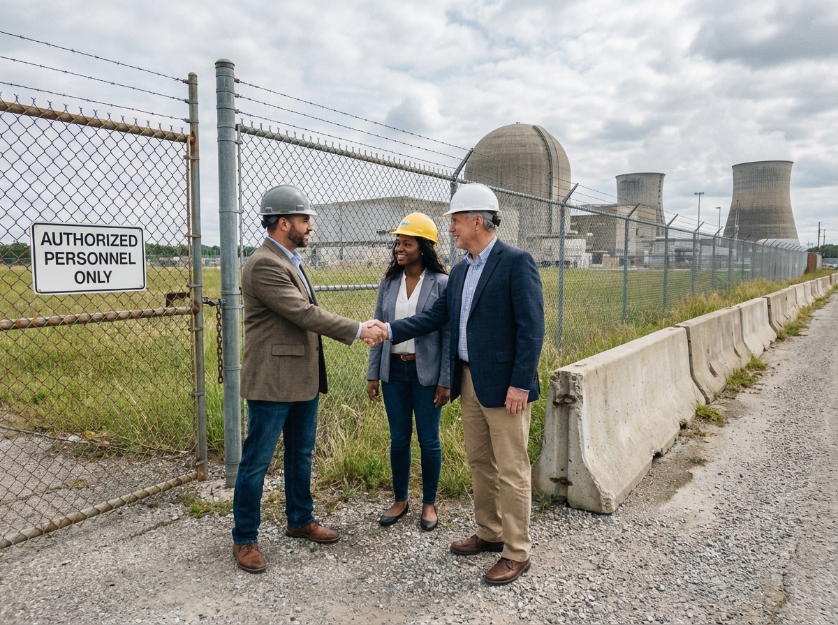 Groupe de fournisseurs et personnel devant une usine sécurisée
