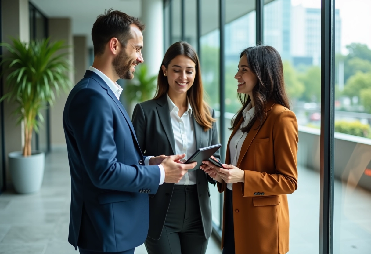 Trois jeunes adultes discutant dans un espace de travail moderne