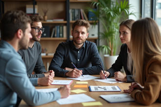 Groupe de cinq adultes en réunion créative en bureau moderne