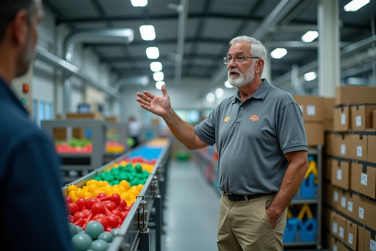 Guide de visite expliquant le processus de fabrication devant un tapis roulant dans une usine Playmobil