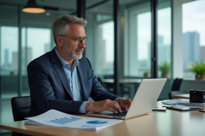 Homme d affaires en réunion avec ordinateur et graphiques