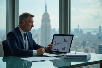 Homme d'affaires en costume bleu analysant des graphiques financiers