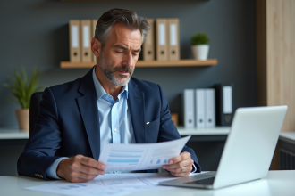 Homme d'affaires français examinant des documents fiscaux au bureau