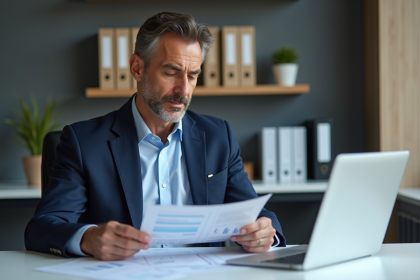Homme d'affaires français examinant des documents fiscaux au bureau