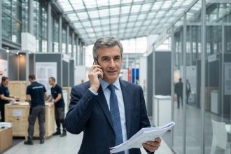 Homme d'affaires en costume dans une exposition parisienne