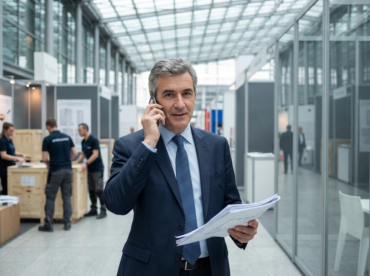 Homme d'affaires en costume dans une exposition parisienne