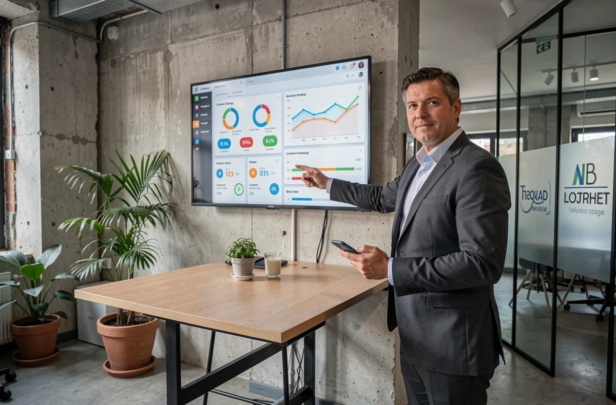 Homme d'affaires présentant une stratégie de contact et de performance sur un écran dans un espace de coworking parisien