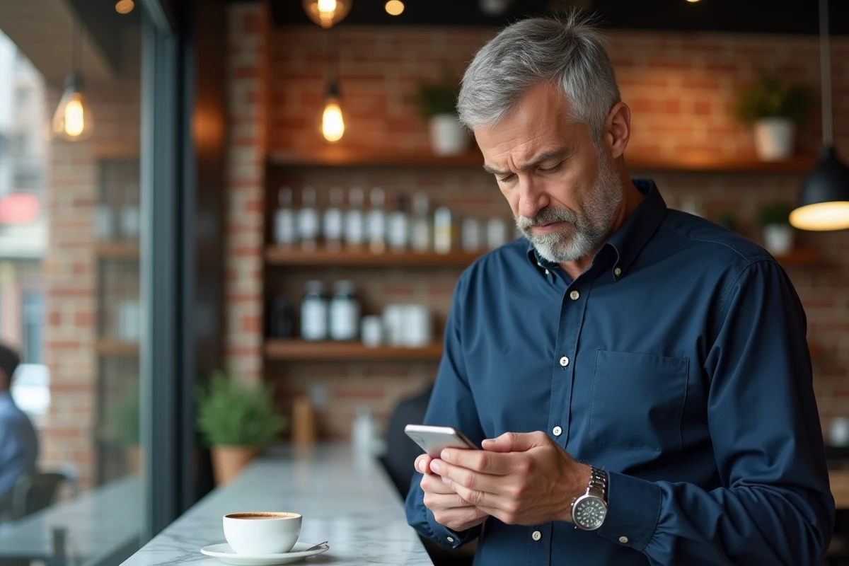 Homme consultant l'application de gestion de compte dans un café urbain