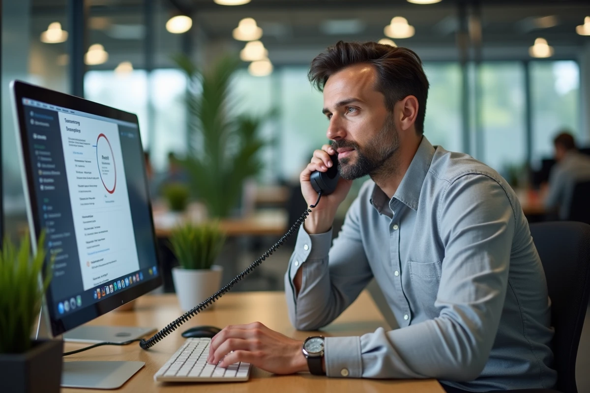 Homme au bureau contactant le service client France Télécom par téléphone fixe