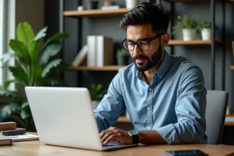 Homme d'Asie du Sud travaillant sur son ordinateur dans un bureau moderne