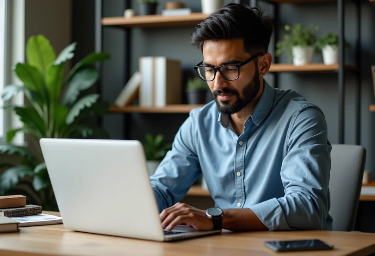 Homme d'Asie du Sud travaillant sur son ordinateur dans un bureau moderne