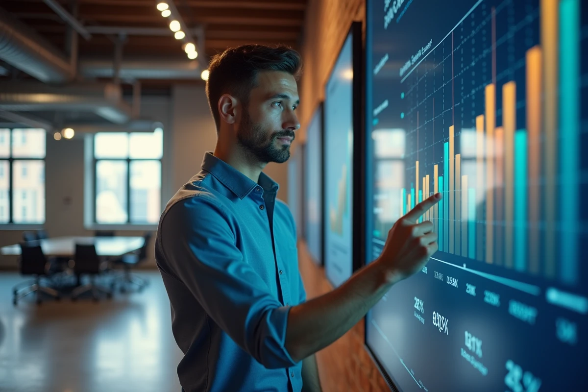 Homme pointant un tableau de bord de ventes
