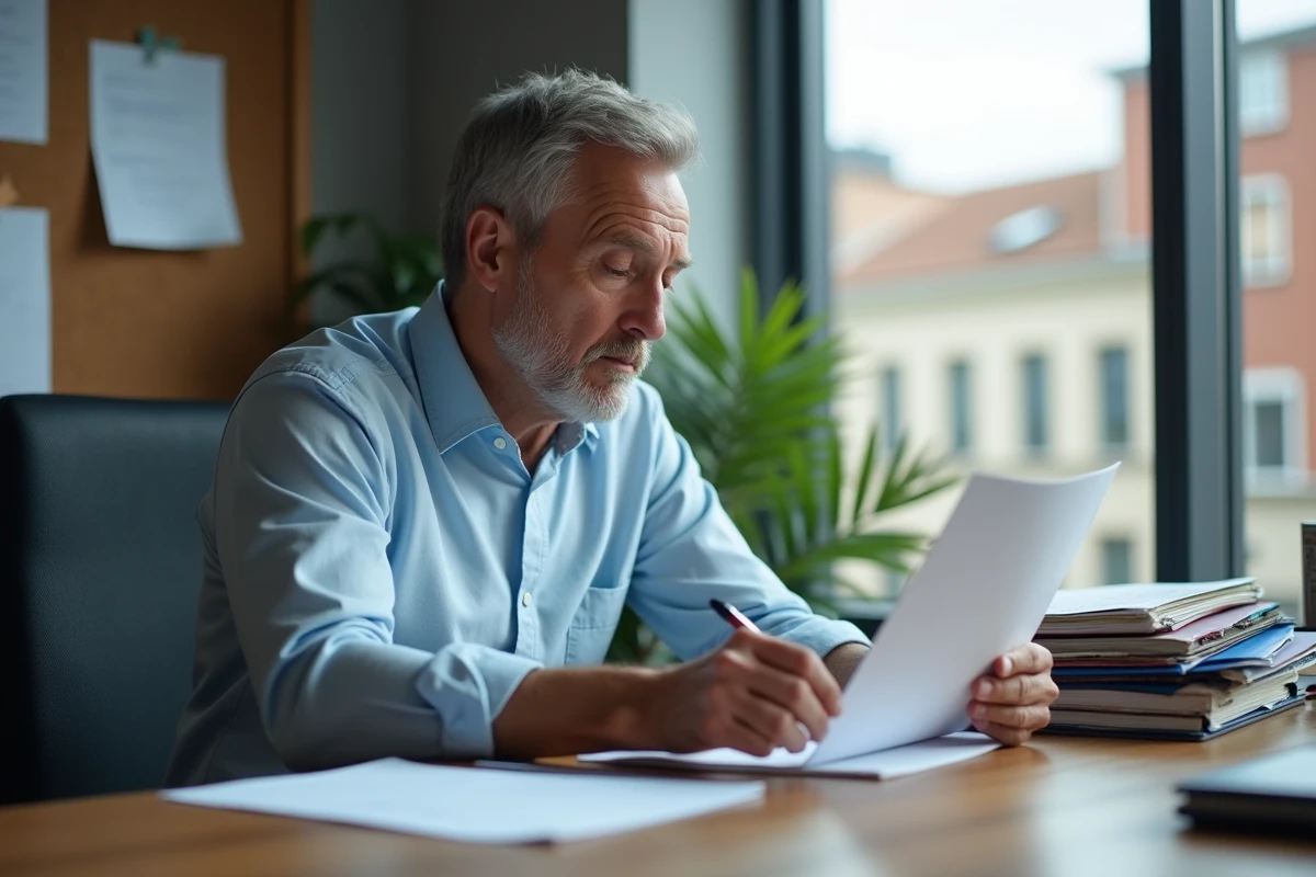 Homme lisant une lettre dans un bureau en ville
