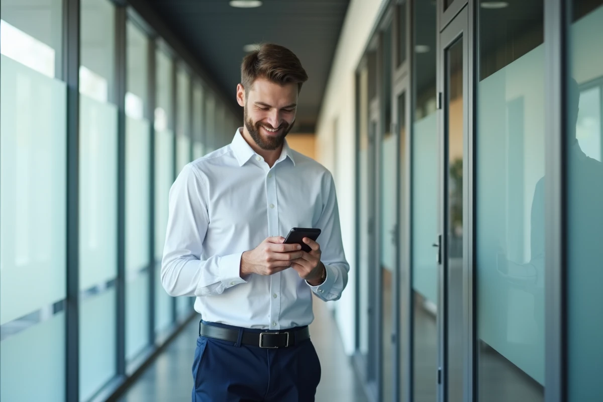 Homme v&eacute;rifiant son bulletin de salaire dans un couloir moderne