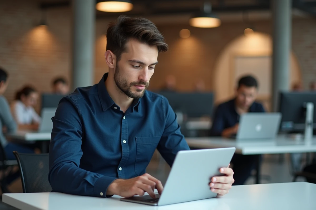 Homme consultant des offres d'emploi ciblées sur une tablette dans un espace de coworking moderne