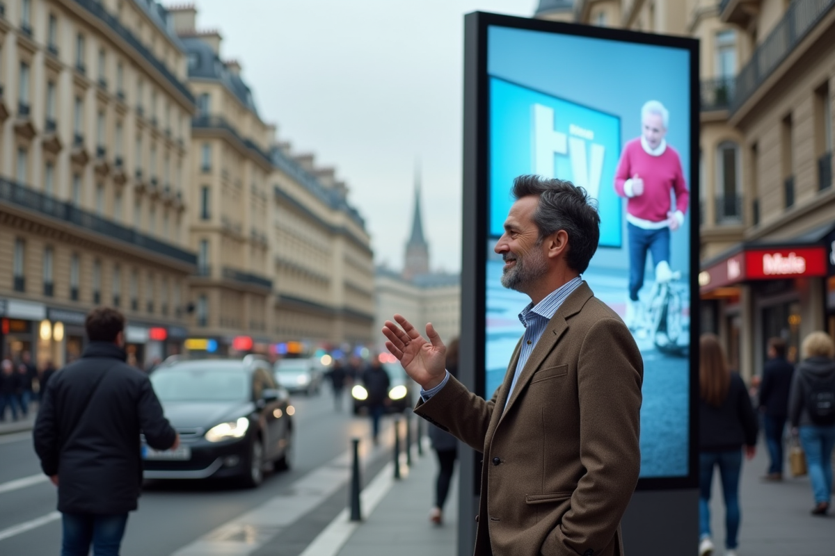 Homme parisien devant une grande affiche publicitaire urbaine