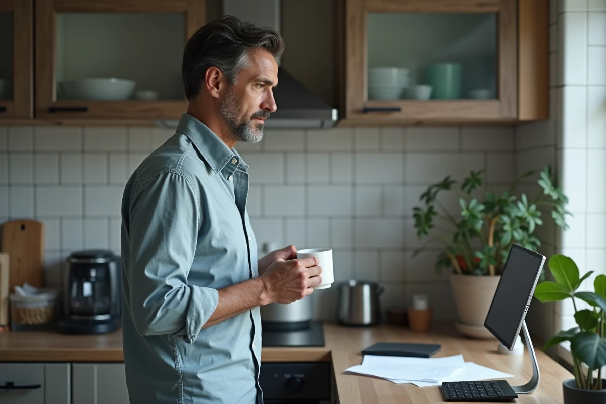 Homme en reconversion professionnelle travaillant depuis sa cuisine avec une tablette et du café