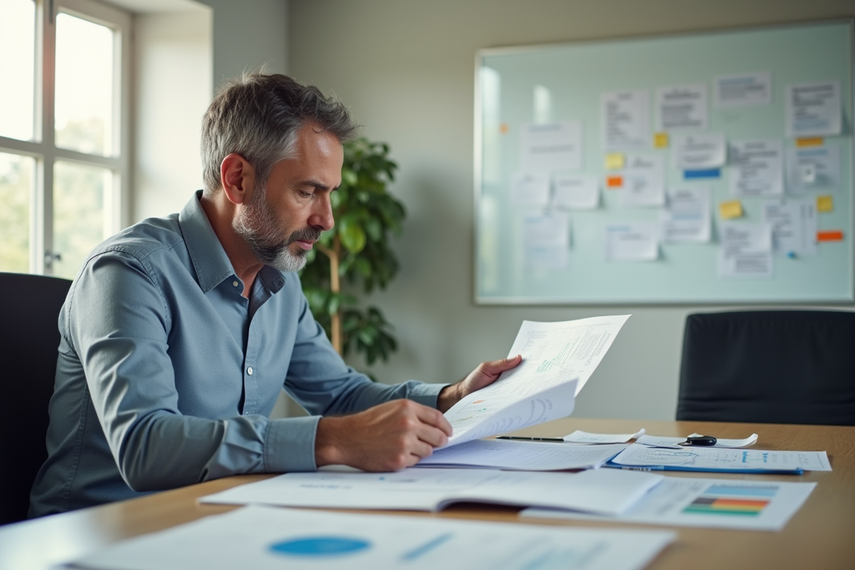 Homme d affaires examinant des graphiques et notes lors d une réunion