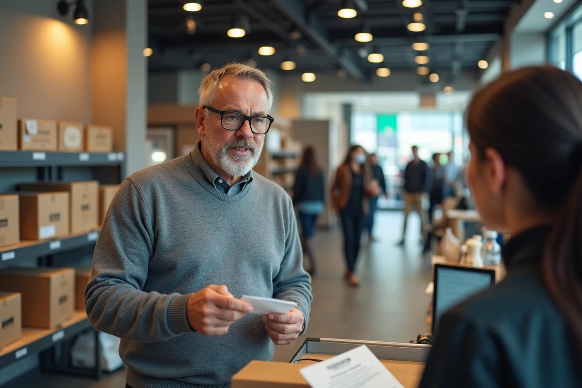 Homme au comptoir de livraison parlant avec un agent