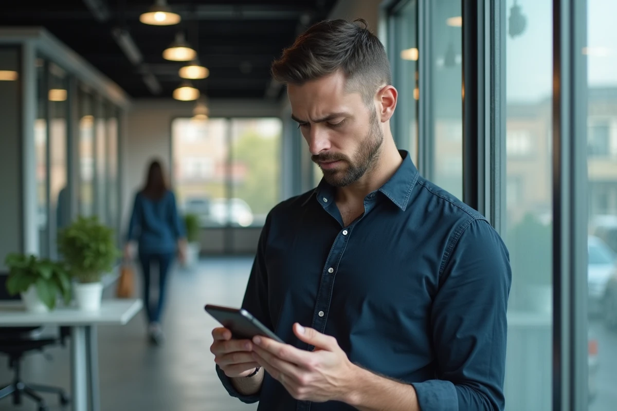 Homme scrutant un SMS douteux sur son smartphone dans un bureau moderne, questionnant la légitimité d'un message lié à un service de transfert d'argent