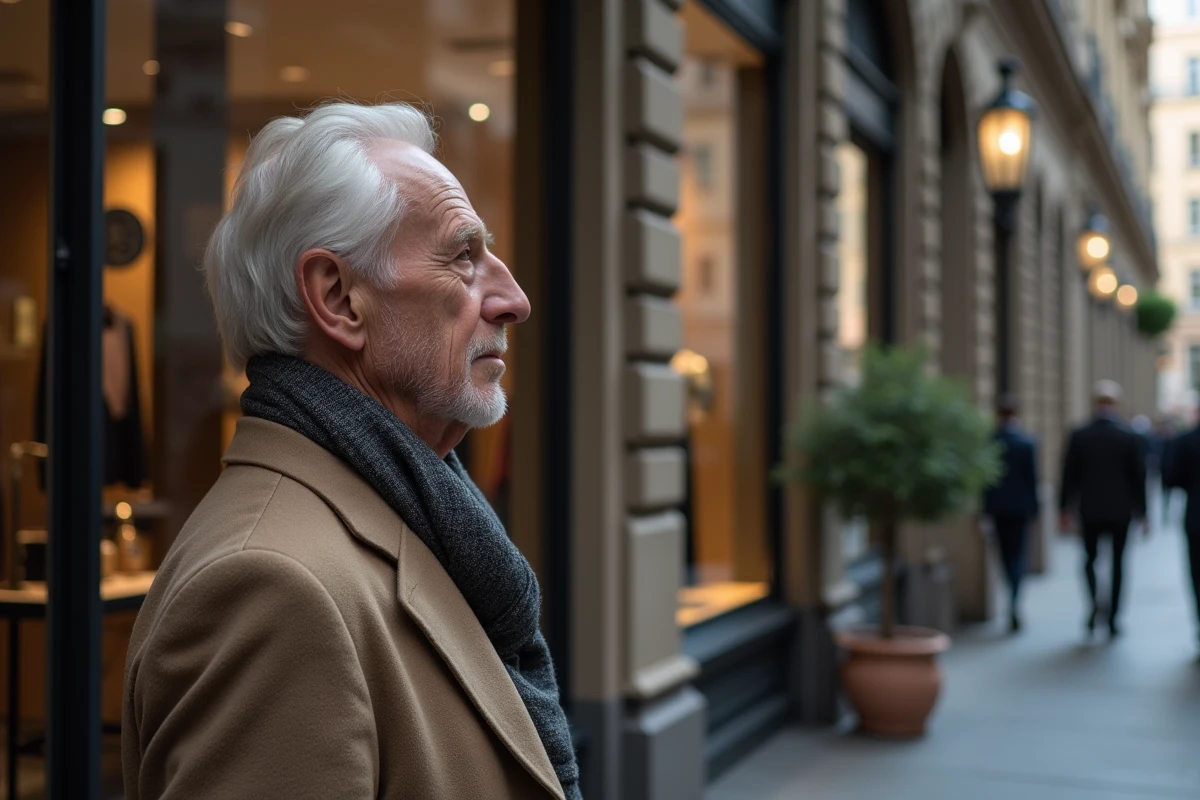 Homme d age regardant des articles de luxe en vitrine
