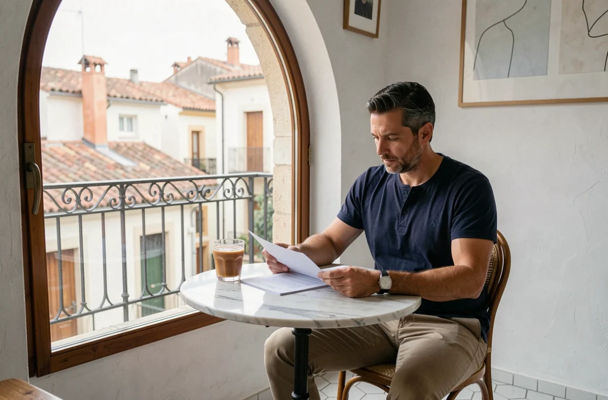 Homme en télétravail près d'une fenêtre arquée dans un café coworking de Perpignan avec vue sur les toits catalans